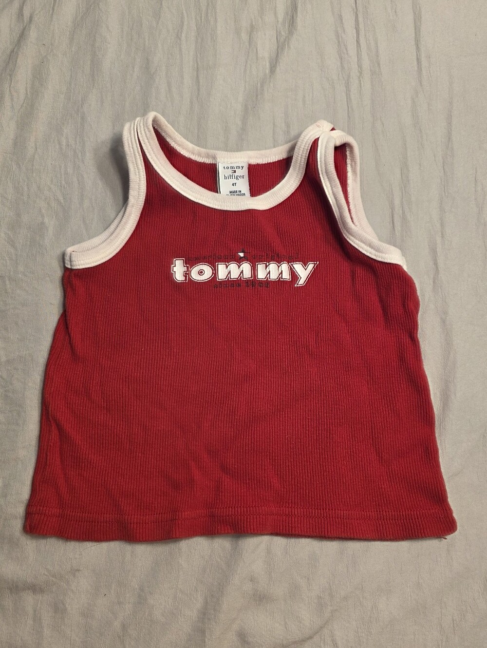 Vintage Y2K Girls "Tommy" Red Tank Top with White Trim